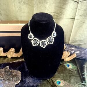 Vintage Black Rhinestone & Pearl Necklace 18" Chain Statement Costume Jewelry